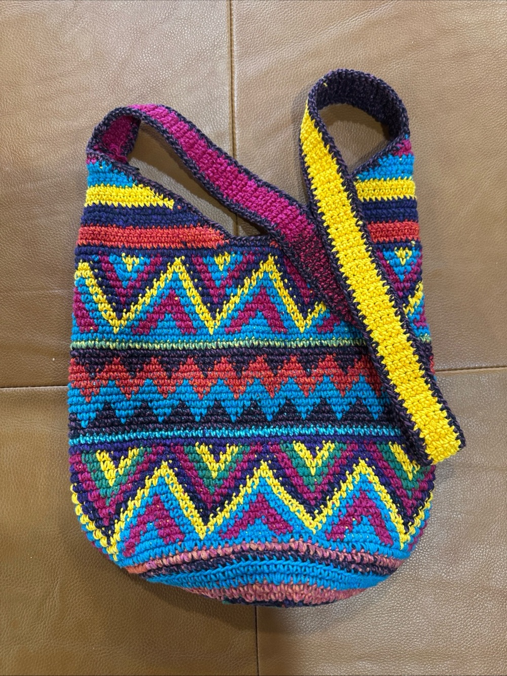 Handwoven Multicolor Crochet Shoulder Bag - Bright Aztec Pattern